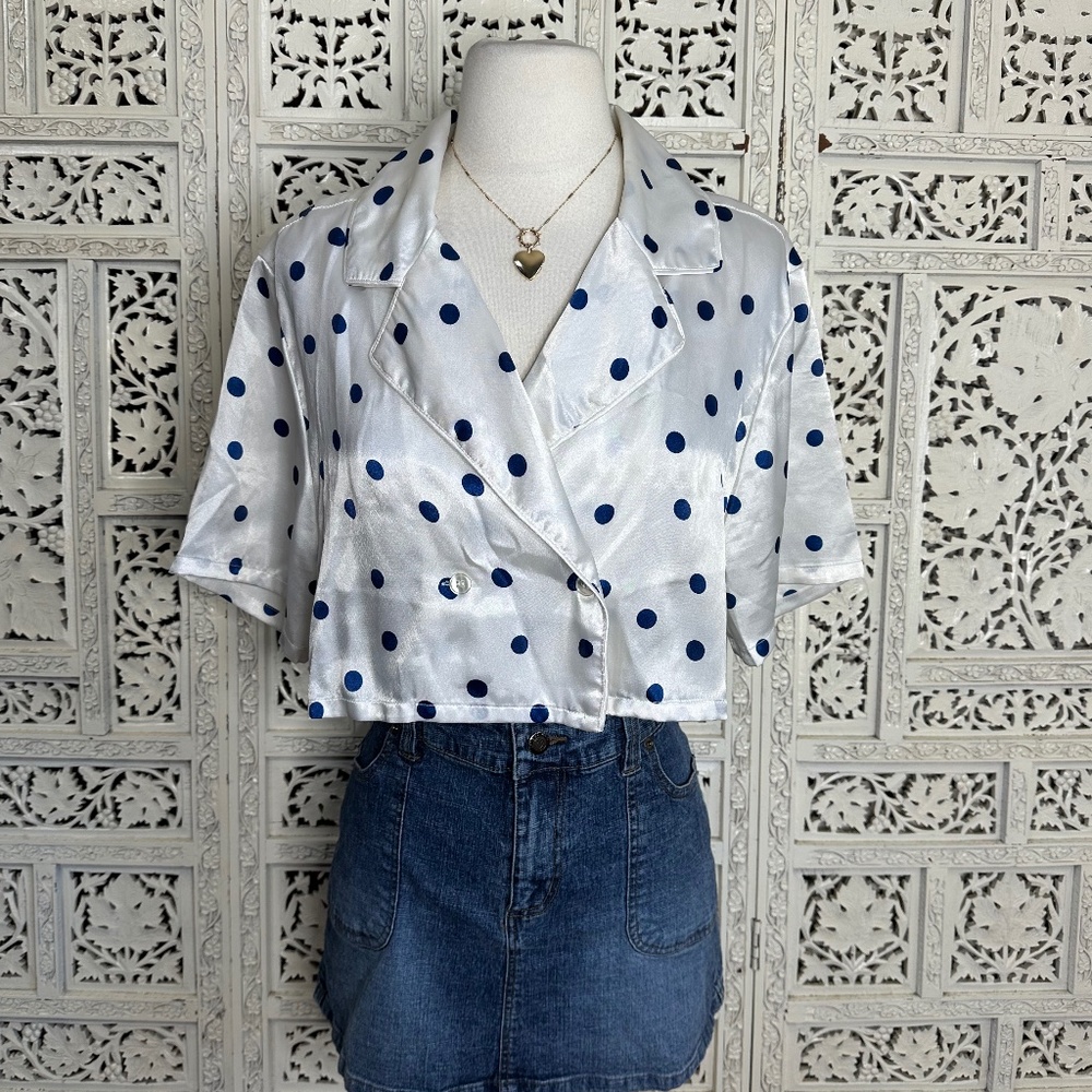 Vintage Victorias Secret Satin Blue &‎ White Polka Dot Cropped Sleep Shirt Sz M